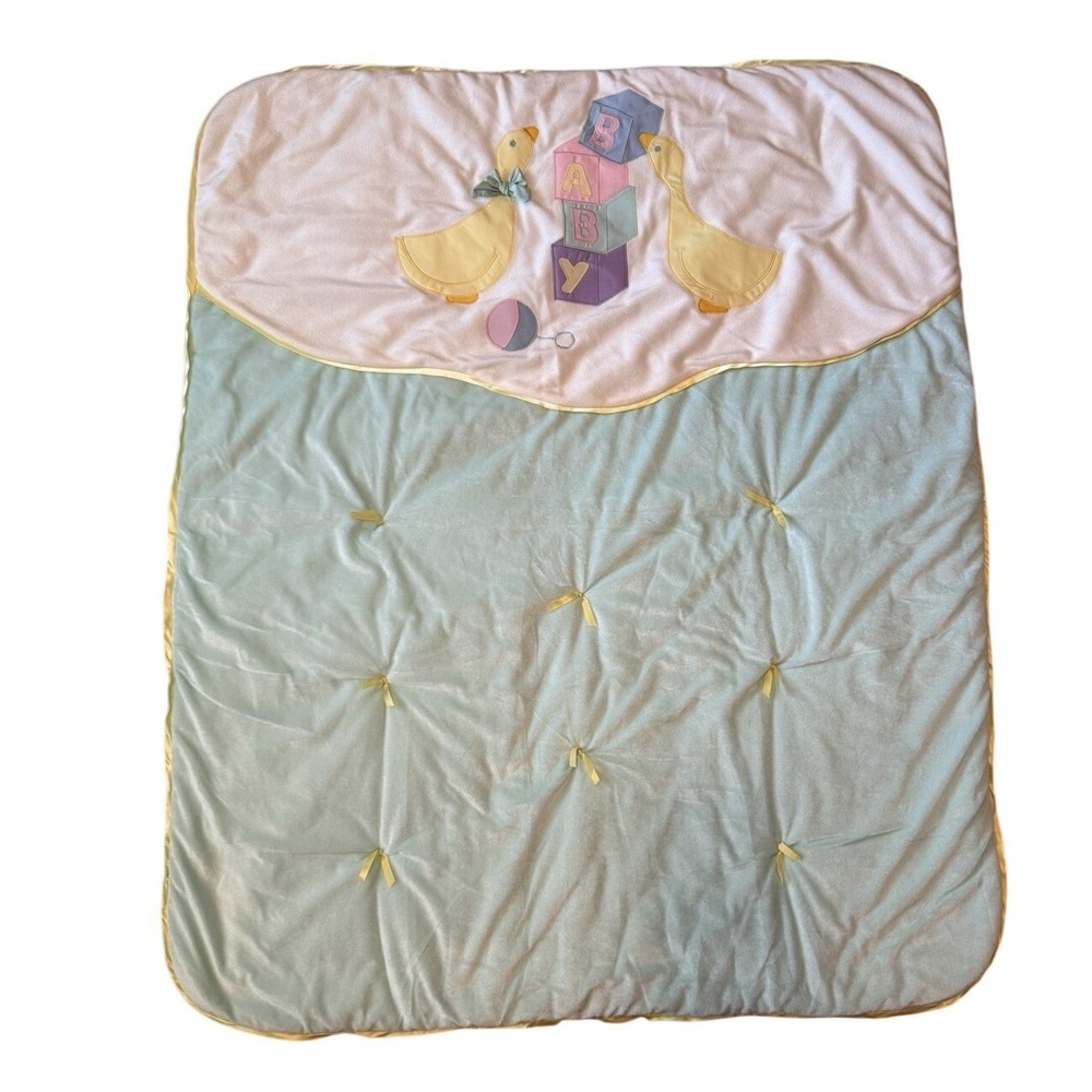 Vintage Handmade Silly Goose Baby Blanket Pastel‎ Blue White 39x48